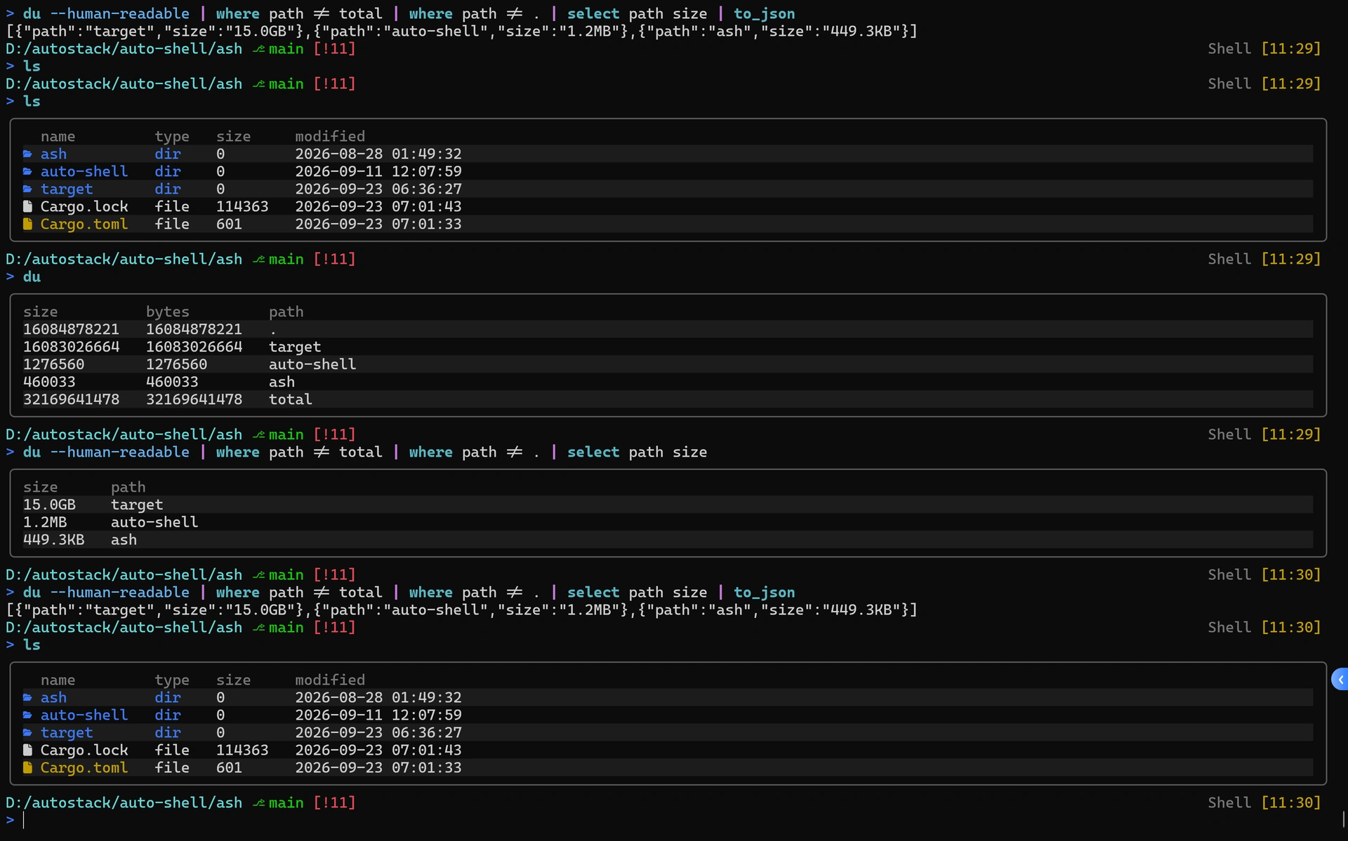 A shell session and disk usage