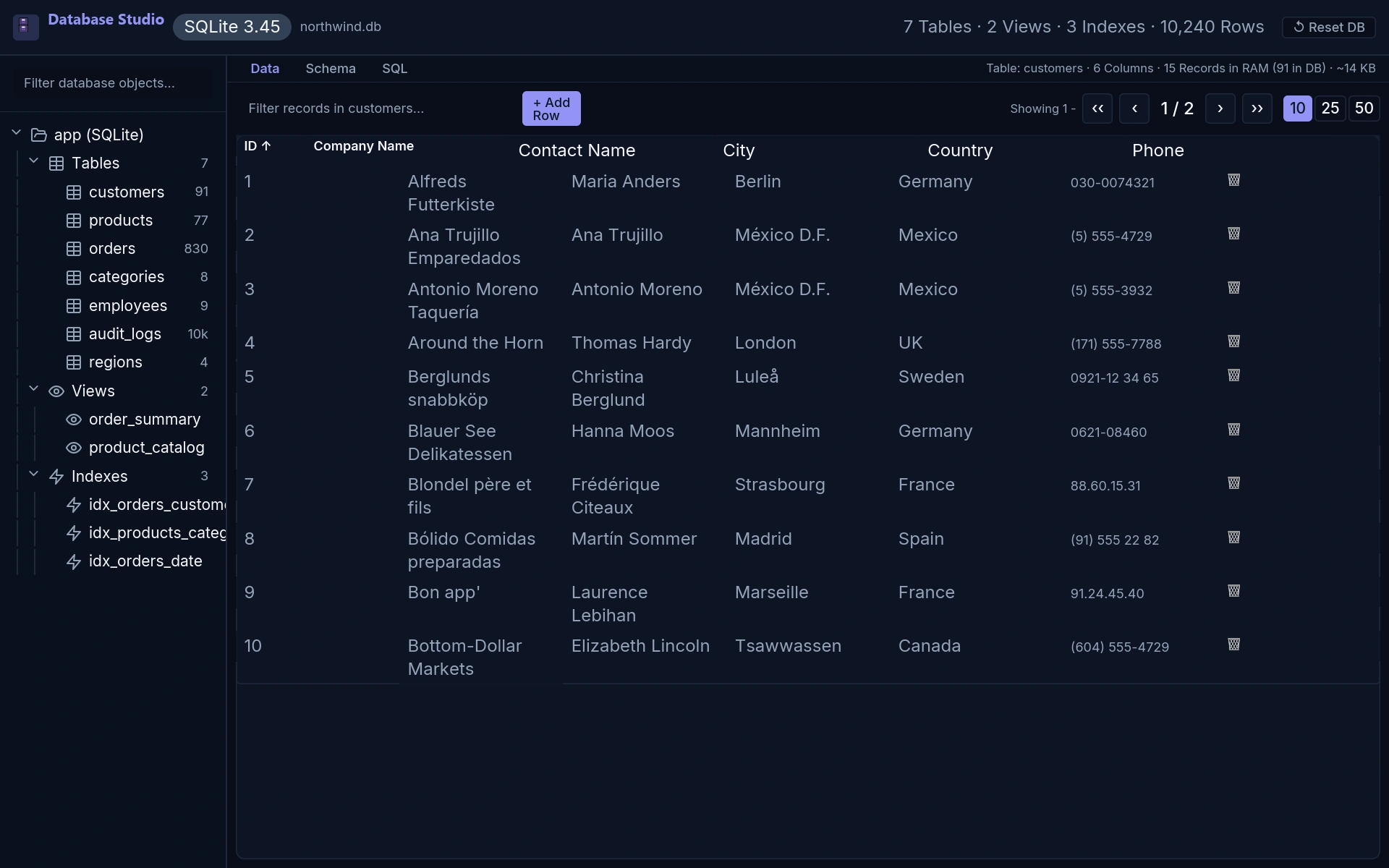 Database interface example actual running interface