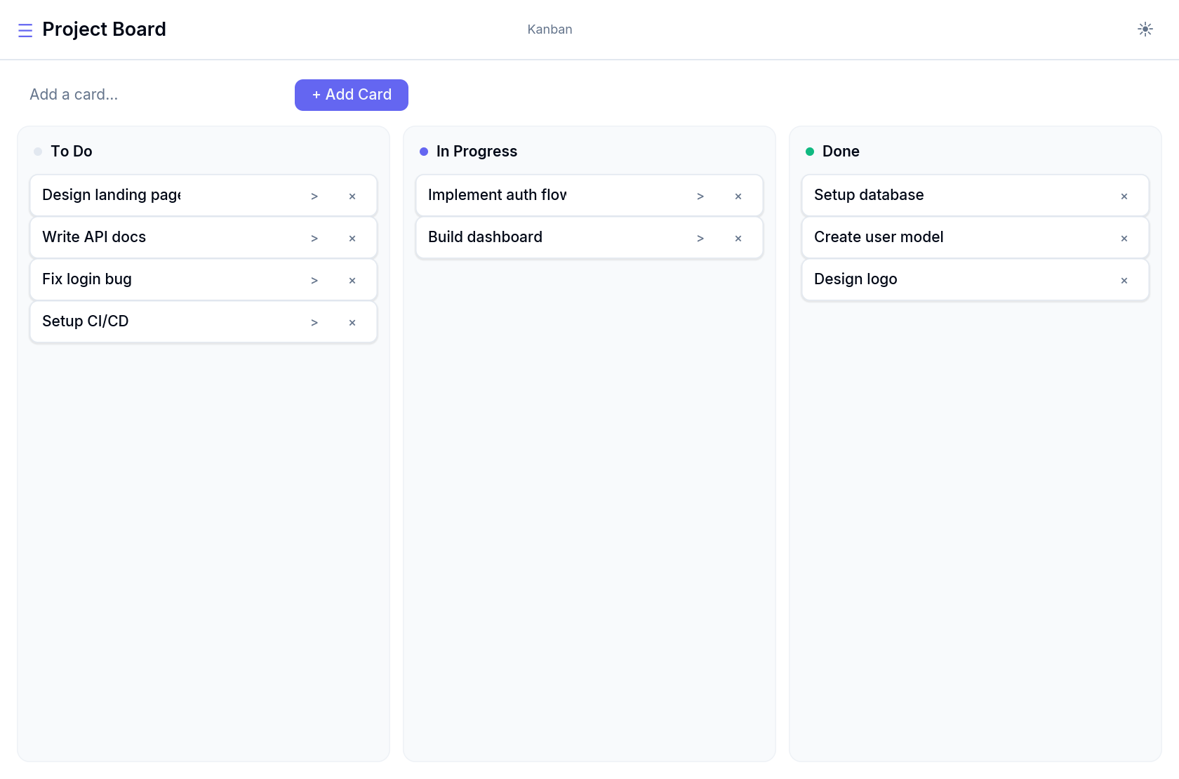 Kanban example actual running interface