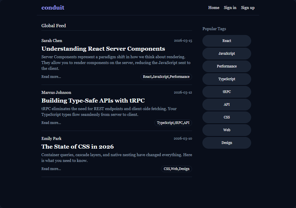RealWorld application example actual running interface
