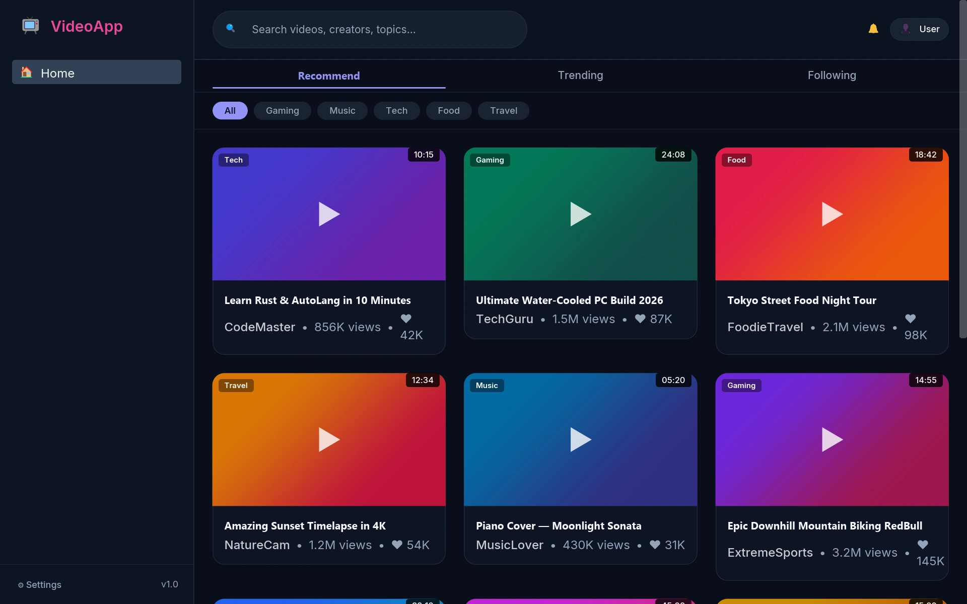 Video community example actual running interface