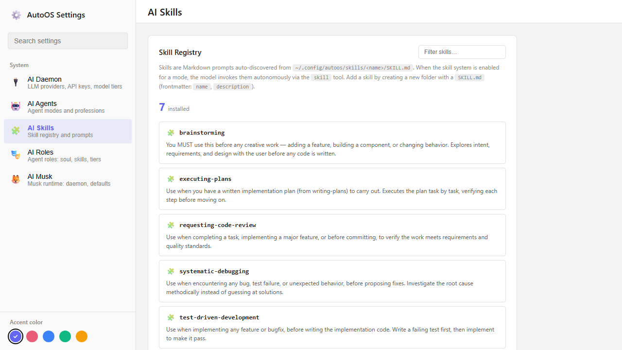 Settings Center showing skill configuration